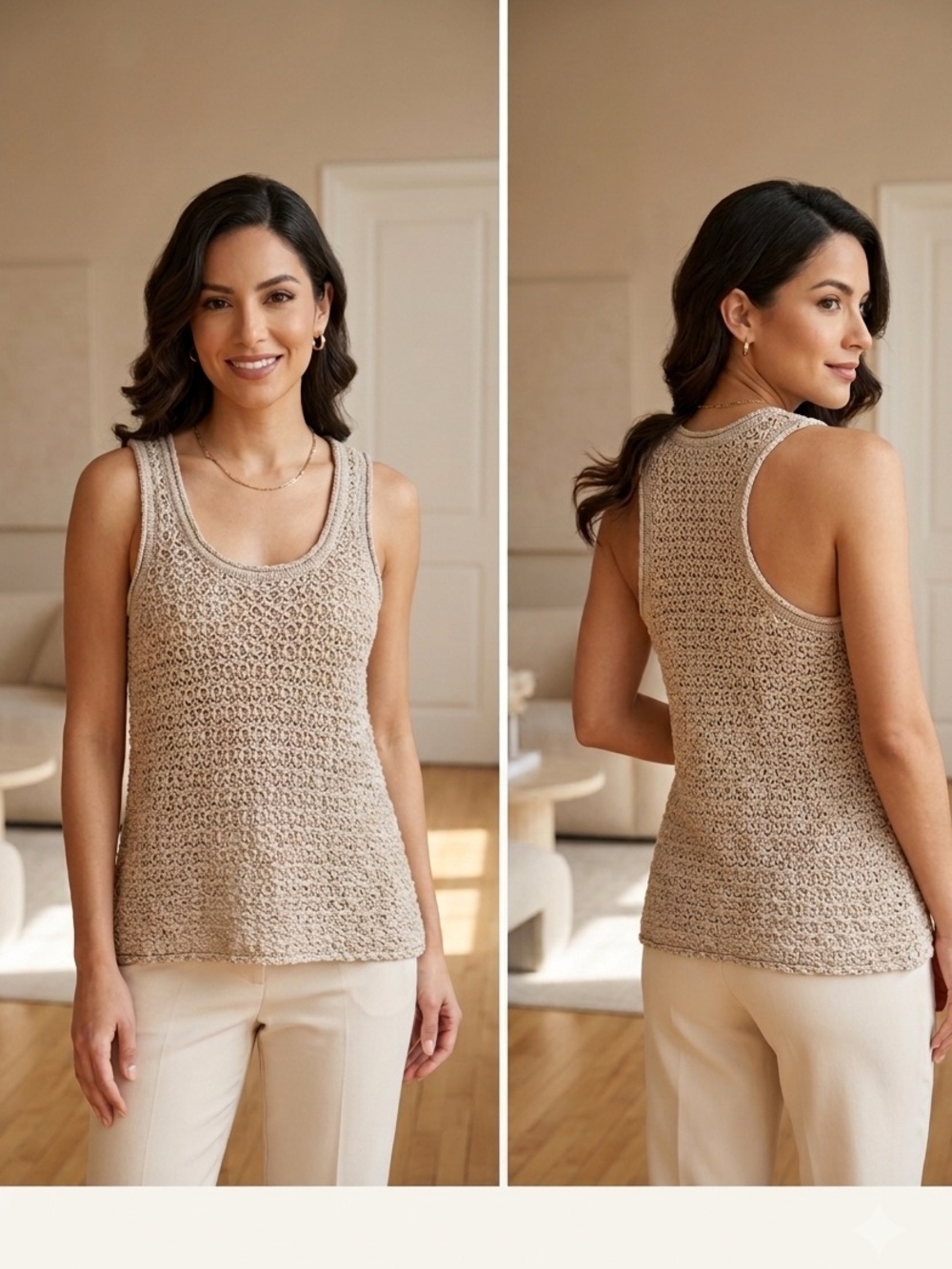 aerie Beige Crochet Scoop Neck Tank. Size: S/P